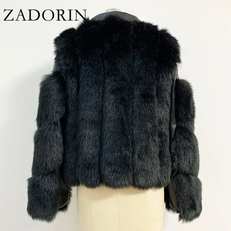 ZADORIN Top Fashion Luxury FAUX Fox Fur Coat Motorcycle PU Leather Turn Down Collar Warm Faux Fur Jacket Women Autumn Winter New