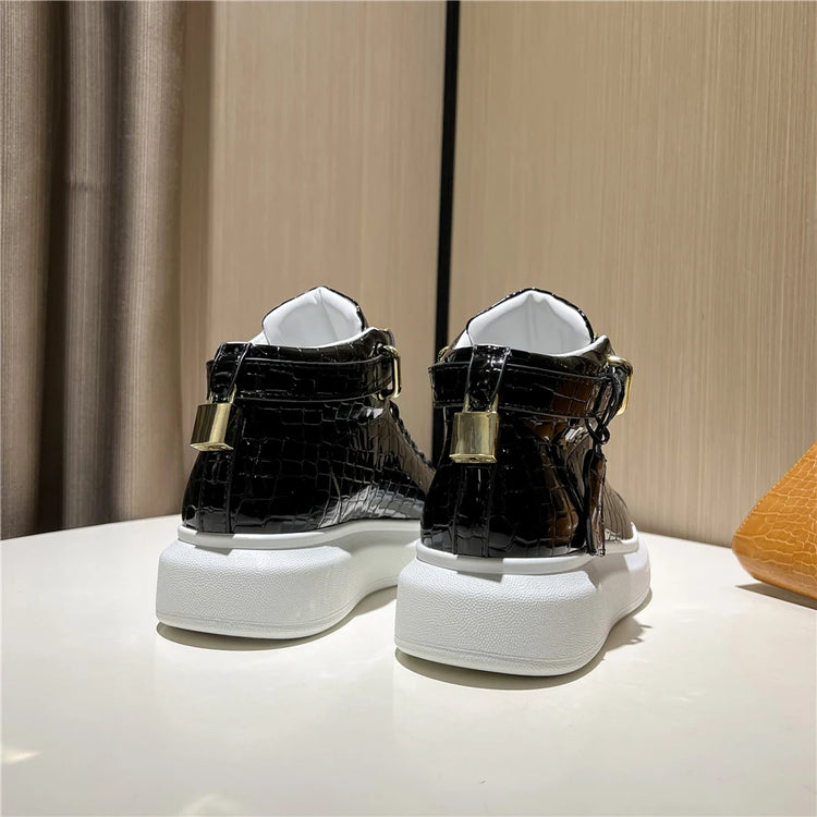 2026 Mid-Top Sneakers Men Alligator Pattern Round Toe Lock Decoration Lace Flats Glossy Cow Leather Casual Shoes