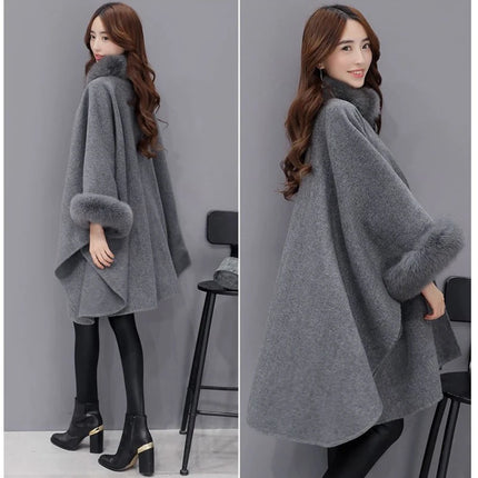 Elegant Women Winter Coats Batwing Fluffy Sleeve Cape Jacket Lady Woolen Overcoat Cape Fox Fur Collar Warm Ponchos Feminino
