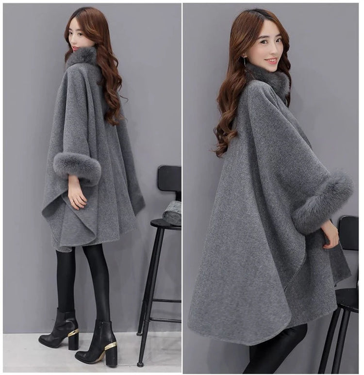Elegant Women Winter Coats Batwing Fluffy Sleeve Cape Jacket Lady Woolen Overcoat Cape Fox Fur Collar Warm Ponchos Feminino