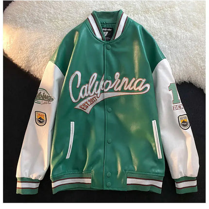 American retro letter embroidered jackets coats men's motorcycle bomb street leather baseball uniform couple casual loose jacket