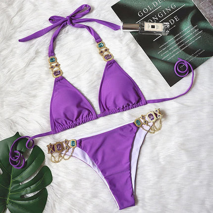 Catene di metallo con scollo all'americana Strass Diamante Bikini Costume da bagno donna Costumi da bagno femminili Due pezzi Bikini set Costume da bagno brasiliano Swim platinumshop