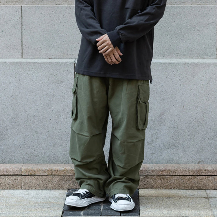 Multi-Pocket Cargo Pants Mens Safari Style Solid Color Pleated Loose Straight-leg Pants Elastic Waist Casual Trousers Men