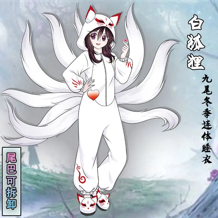 Anime Cosplay Pajamas Unisex Fox White Pajamas Cosplay Costume Adult Men Women Jumpsuits Cartoon Winter Flannel Home Sleepwear