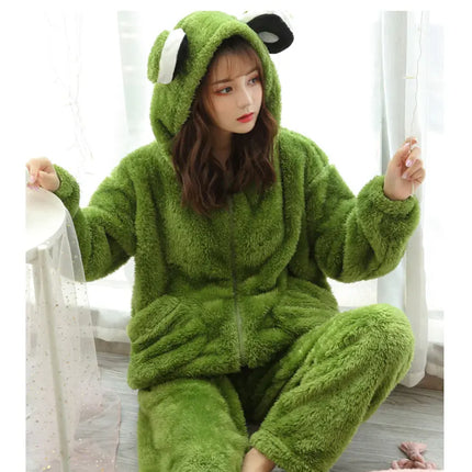 Jielur Warm Women Pajama Sets Winter Lady Long Sleeve Shirt+Pants Home suit Hooded Cartoon Print Thick Pijama Feminino