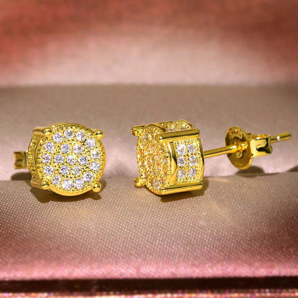 Luxury Full Crystal Round Earrings White Gold Yellow Gold Color White Zircon Stone Wedding Stud Earrings For Women Men Jewelry PlatiNum