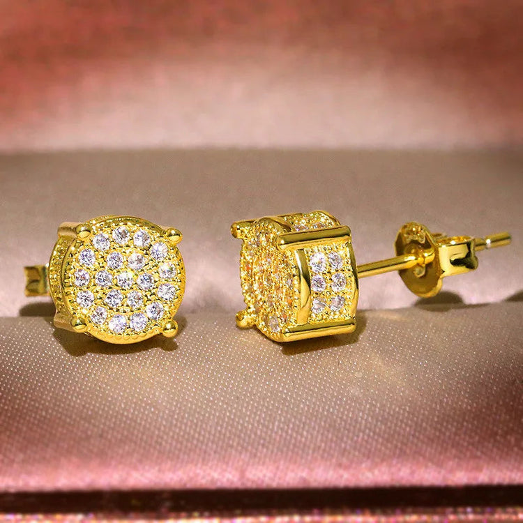 Luxury Full Crystal Round Earrings White Gold Yellow Gold Color White Zircon Stone Wedding Stud Earrings For Women Men Jewelry PlatiNum