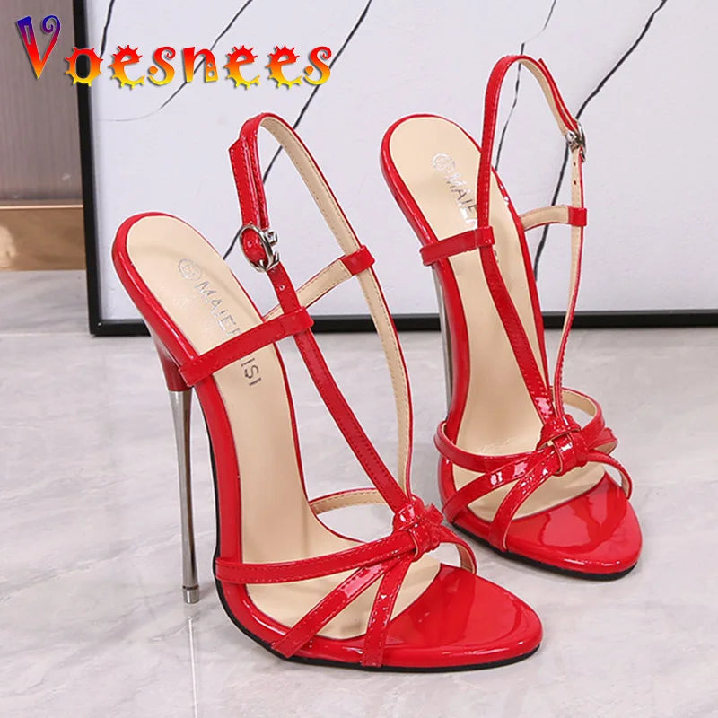 New 16CM Sexy Thin Strap Lady Sandals Large-Size Women Metal Stiletto Shoes Show Model Party Summer Ankle Back Strap High Heels