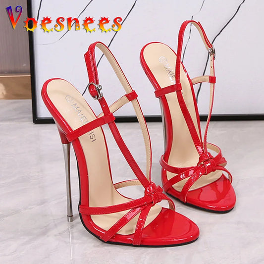 New 16CM Sexy Thin Strap Lady Sandals Large-Size Women Metal Stiletto Shoes Show Model Party Summer Ankle Back Strap High Heels