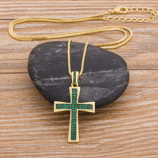 AIBEF Nuova Croce Blu/Viola/Verde Collana di Cristallo Rame Zircone Cubico Collana Girocollo 4 Colori Religione Gioielli Regalo Per La Festa