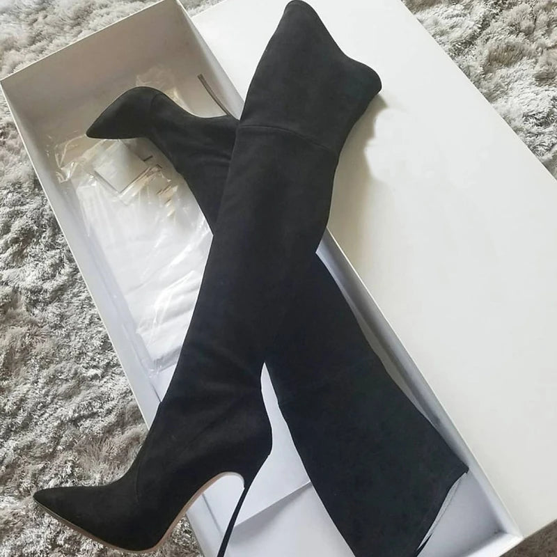 Over The Knee Suede Slim Boots Stretch Fabric Metal Thin High Heel Sexy Pointed Slip On Winter Women Shoes Solid Sexy Boots