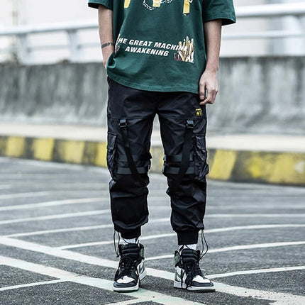 Tactical Cargo Pants Men Joggers Streetwear Ankle-length Pants Ribbons Elastic Waist Black Pant Hip Hop Male