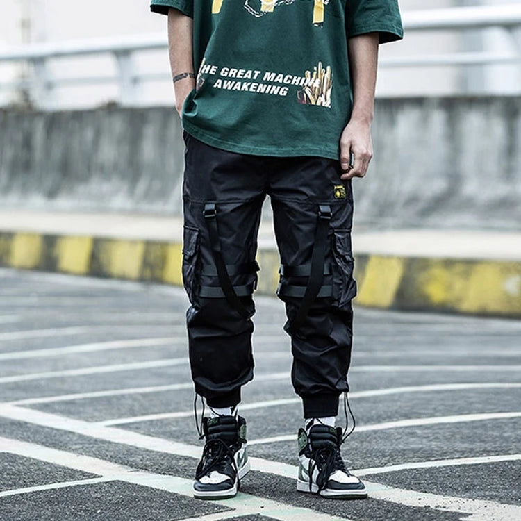 Tactical Cargo Pants Men Joggers Streetwear Ankle-length Pants Ribbons Elastic Waist Black Pant Hip Hop Male