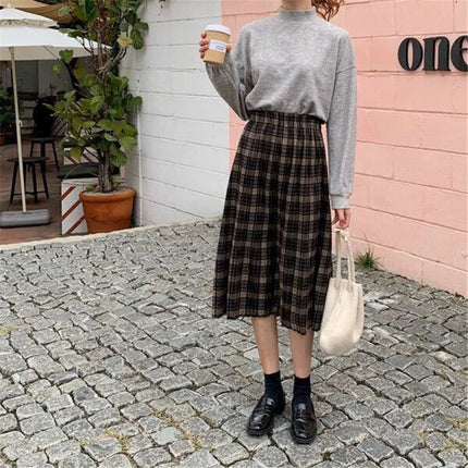 Vintage Wool Pleated Plaid Skirt Women High Waist Plus Size Long Skirt 2022 Autumn Winter Harajuku Female Party Skirt Streetwear PlatiNum