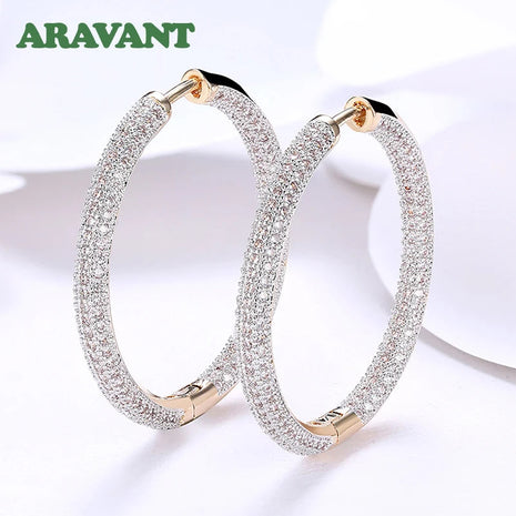 925 Silver 34mm 18K Gold Circle Hoop Earrings For Women Fashion Wedding Jewelry PlatiNum