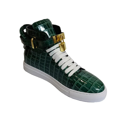 Luxury Designer Men Crocodile Pattern High Top Sneakers Glossy Patent Leather Gold Buckle Lace-up Casual Street Shoes Footwear