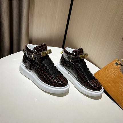 2026 Mid-Top Sneakers Men Alligator Pattern Round Toe Lock Decoration Lace Flats Glossy Cow Leather Casual Shoes