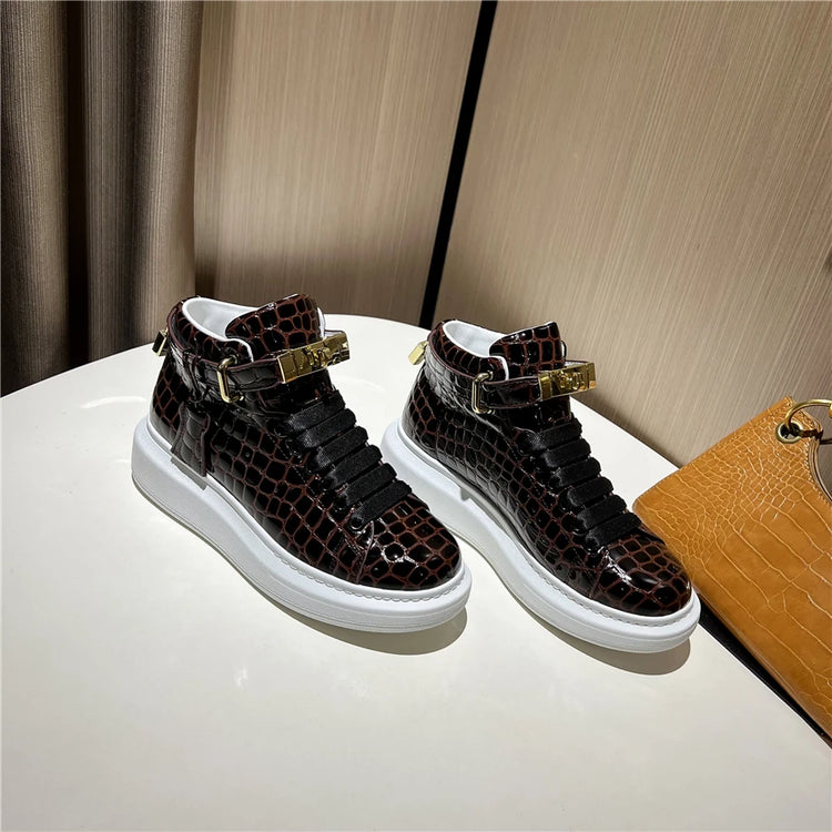 2026 Mid-Top Sneakers Men Alligator Pattern Round Toe Lock Decoration Lace Flats Glossy Cow Leather Casual Shoes