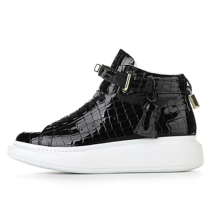 2026 Mid-Top Sneakers Men Alligator Pattern Round Toe Lock Decoration Lace Flats Glossy Cow Leather Casual Shoes