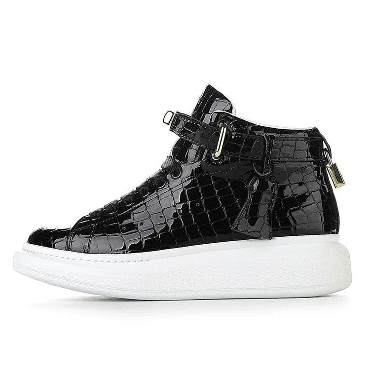 2026 Mid-Top Sneakers Men Alligator Pattern Round Toe Lock Decoration Lace Flats Glossy Cow Leather Casual Shoes