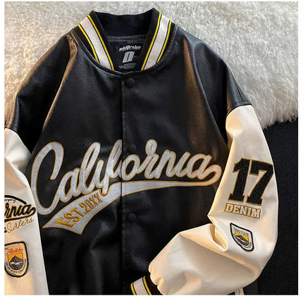 American retro letter embroidered jackets coats men's motorcycle bomb street leather baseball uniform couple casual loose jacket