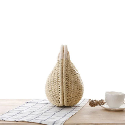 Women's Handmade Round Woven Natural Rattan Handbag Shoulder Bag Summer Beach Bag with Casual Bohemia Women's Clutch