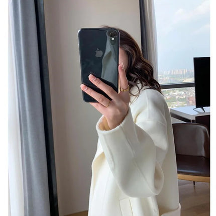 White Woolen Coat Women Autumn And Winter High-End Fashion Temperament Long Thick Blended Wool Windbreaker Female Jacket Belt 99