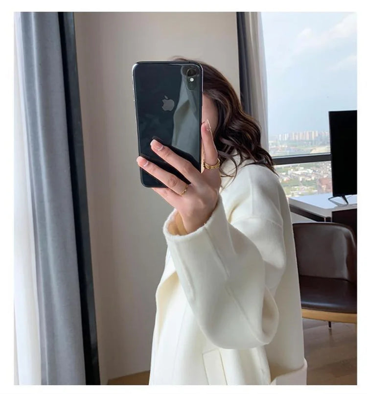 White Woolen Coat Women Autumn And Winter High-End Fashion Temperament Long Thick Blended Wool Windbreaker Female Jacket Belt 99