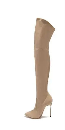 Over The Knee Suede Slim Boots Stretch Fabric Metal Thin High Heel Sexy Pointed Slip On Winter Women Shoes Solid Sexy Boots
