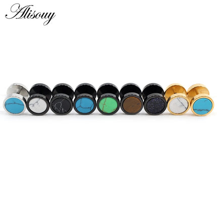 Alisouy 2 pz Acciaio Inossidabile Double Sided Rotondo Pietra Manubri Uomo Donna Vite Stud Bilanciere Orecchini Penetranti Spina per L'orecchio Finto platinumshop