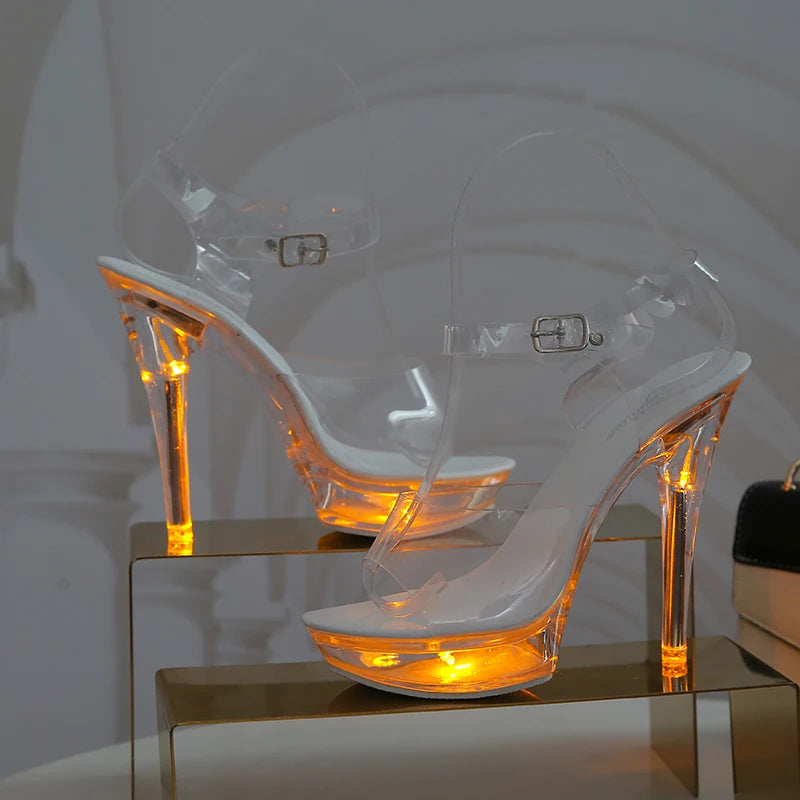 Light Up Glowing Shoes Woman Luminous Clear Sandals Women Platform Shoes LED 13cm High Heel Transparent Stripper Heels Shoes