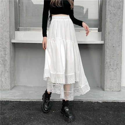 Y2k Gothic Tulle Pleated Skirt Black Lace Stitching Irregular Midi Skirt Women Vintage High Waist Long Skirt Korea Solid Hip Hop PlatiNum