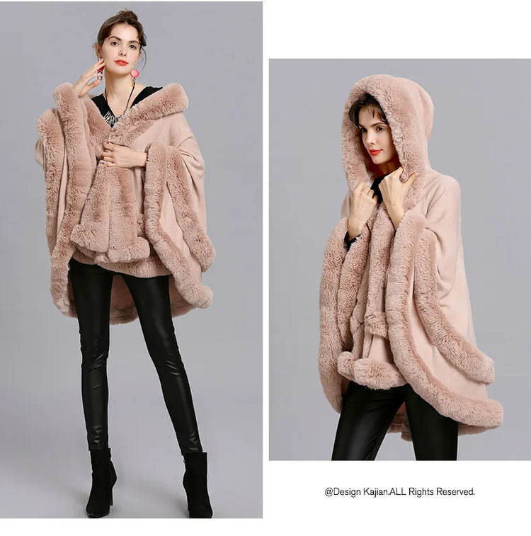 7 Colors Winter Shawl Warm Thick Cappa Coat Two Circle Faux Fox Fur Loose Poncho Cloak With Hat Women Big Pendulum Cardigan Cape