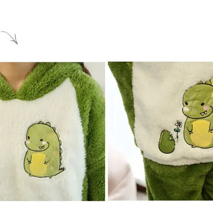 Jielur Warm Women Pajama Sets Winter Lady Long Sleeve Shirt+Pants Home suit Hooded Cartoon Print Thick Pijama Feminino