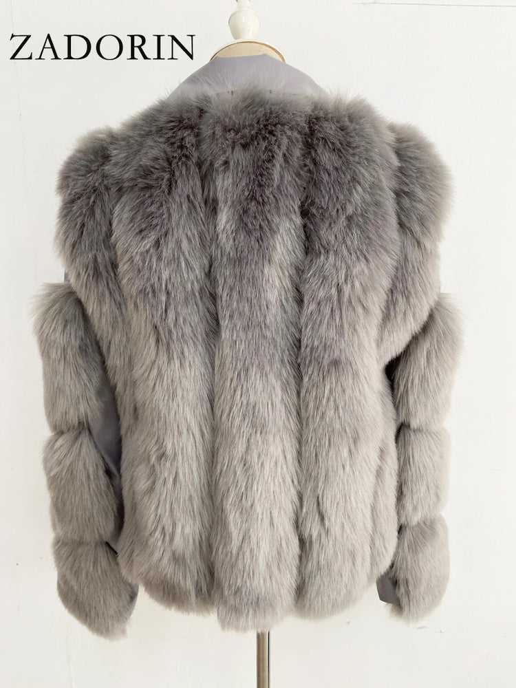 ZADORIN Top Fashion Luxury FAUX Fox Fur Coat Motorcycle PU Leather Turn Down Collar Warm Faux Fur Jacket Women Autumn Winter New