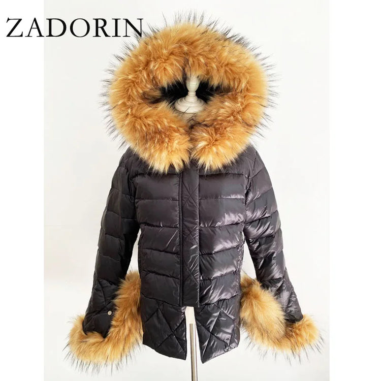 ZADORIN 2025 Trend White Duck Down Patchwork Faux Fur Jacket Women Winter Warm Big FAUX Raccoon Fur Hood Women Faux Fur Coat