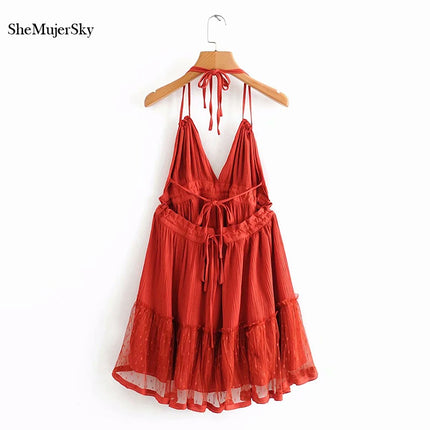 SheMujerSky Sexy Lace Patchwork Backless Mini Dress Summer V Neck Halter Dresses Women's Dress Elegant Party