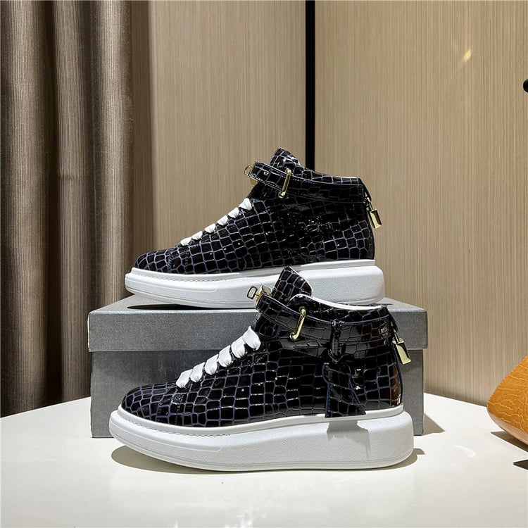 2026 Mid-Top Sneakers Men Alligator Pattern Round Toe Lock Decoration Lace Flats Glossy Cow Leather Casual Shoes