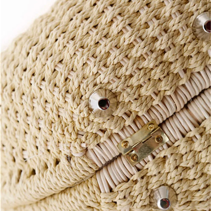 Women's Handmade Round Woven Natural Rattan Handbag Shoulder Bag Summer Beach Bag with Casual Bohemia Women's Clutch