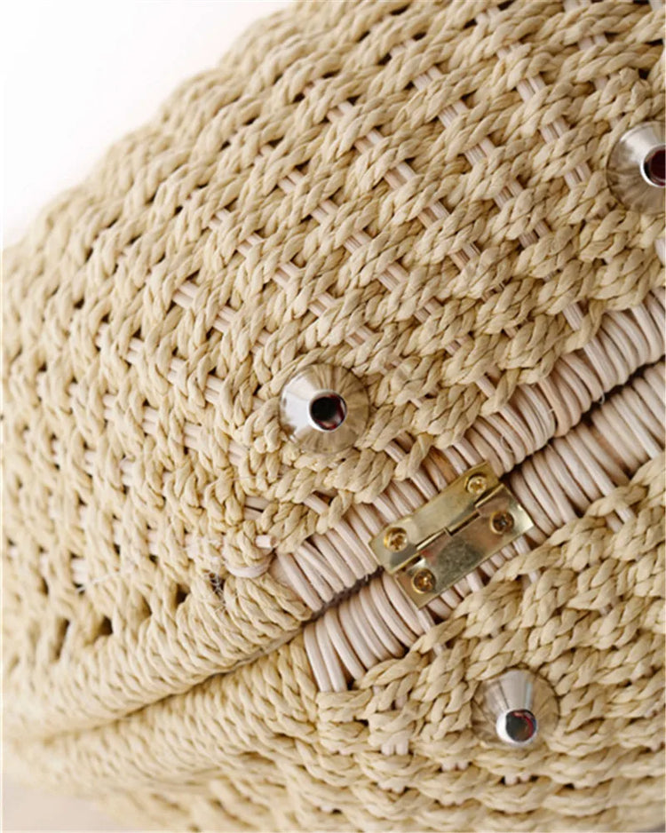Borsa a mano rotonda intrecciata a mano in Rattan naturale da donna borsa a tracolla borsa estiva da spiaggia con pochette Casual da donna in boemia