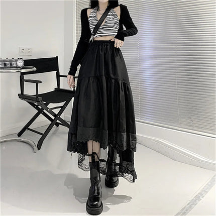 Y2k Gothic Tulle Pleated Skirt Black Lace Stitching Irregular Midi Skirt Women Vintage High Waist Long Skirt Korea Solid Hip Hop PlatiNum