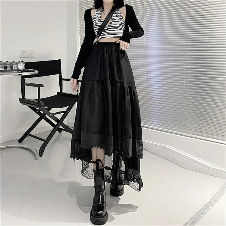 Y2k Gothic Tulle Pleated Skirt Black Lace Stitching Irregular Midi Skirt Women Vintage High Waist Long Skirt Korea Solid Hip Hop PlatiNum