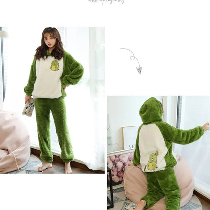 Jielur Warm Women Pajama Sets Winter Lady Long Sleeve Shirt+Pants Home suit Hooded Cartoon Print Thick Pijama Feminino