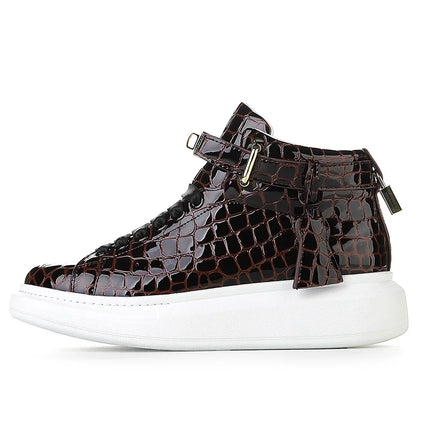 2026 Mid-Top Sneakers Men Alligator Pattern Round Toe Lock Decoration Lace Flats Glossy Cow Leather Casual Shoes