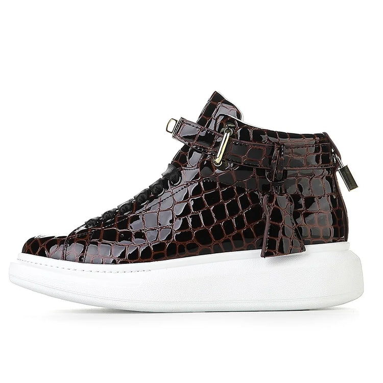 2026 Mid-Top Sneakers Men Alligator Pattern Round Toe Lock Decoration Lace Flats Glossy Cow Leather Casual Shoes