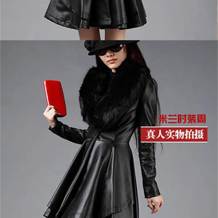 PU Leather Long Leather Jacket Women's Fur Collar Removable Coat Faux Leather Slim Female Temperament Leather Windbreaker Black