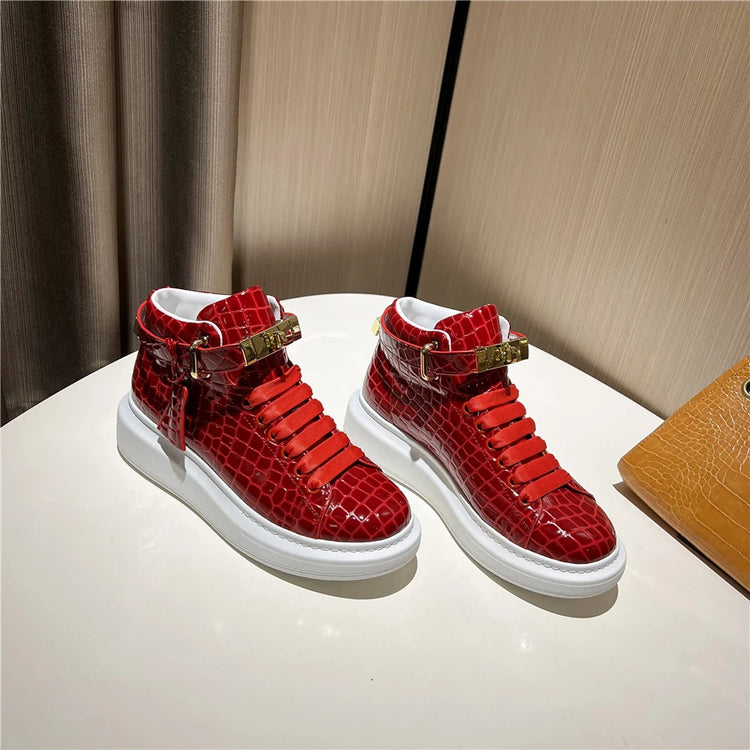 2026 Mid-Top Sneakers Men Alligator Pattern Round Toe Lock Decoration Lace Flats Glossy Cow Leather Casual Shoes