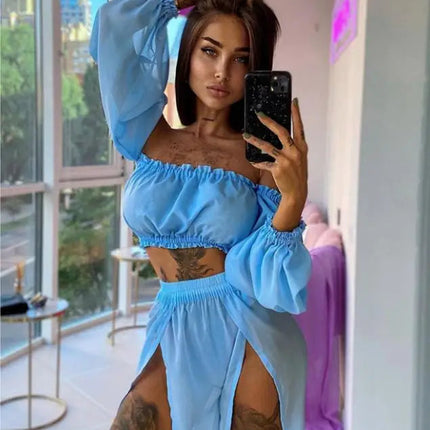 Set di abbigliamento moda estiva da donna, top a maniche lunghe con spalle scoperte e gonna copricostume in due pezzi per viaggi in vacanza al mare platinumshop