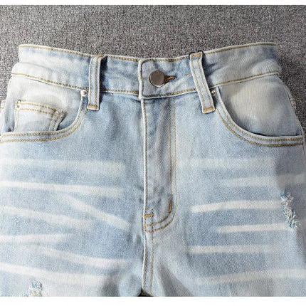Men Crystal Holes Ripped Patchwork Jeans Streetwear Light Blue Denim Slim Skinny Pencil Pants Trousers PlatiNum