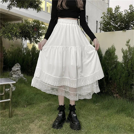 Y2k Gothic Tulle Pleated Skirt Black Lace Stitching Irregular Midi Skirt Women Vintage High Waist Long Skirt Korea Solid Hip Hop PlatiNum